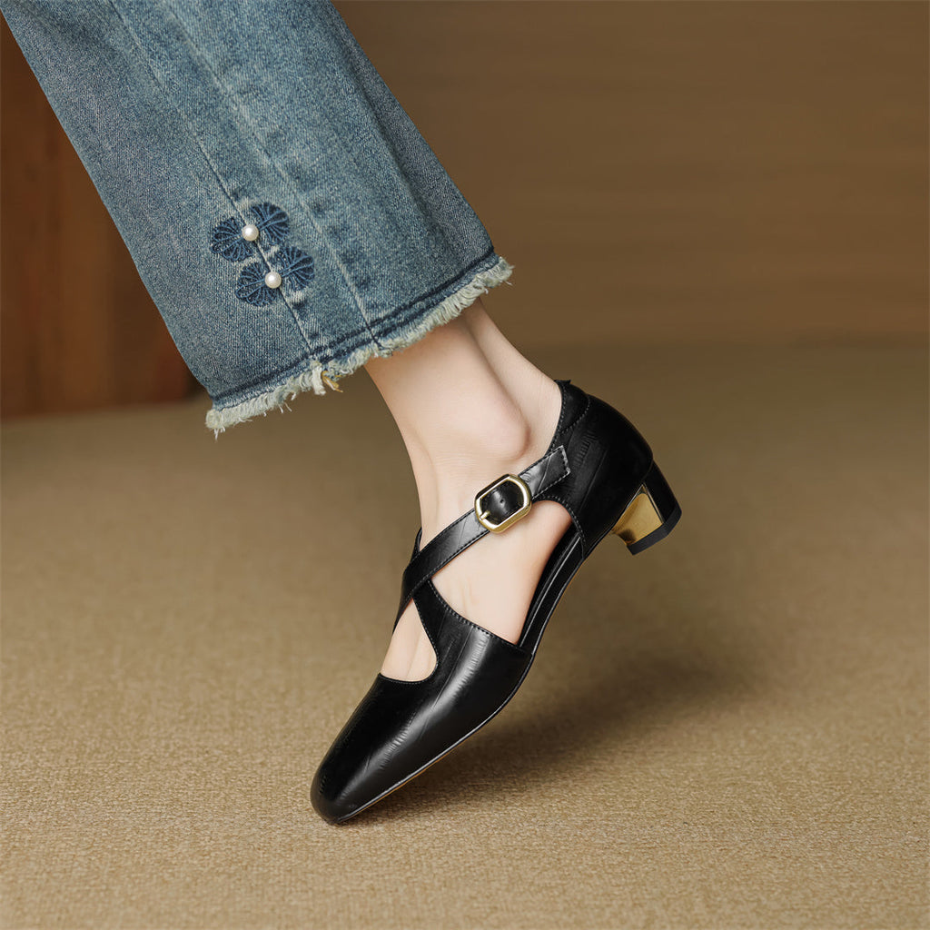 Elsie Cross-Strap Leather Heels