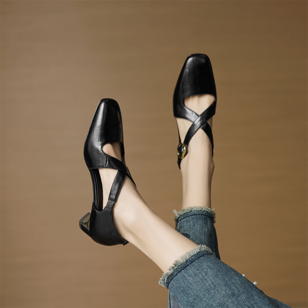Elsie Cross-Strap Leather Heels