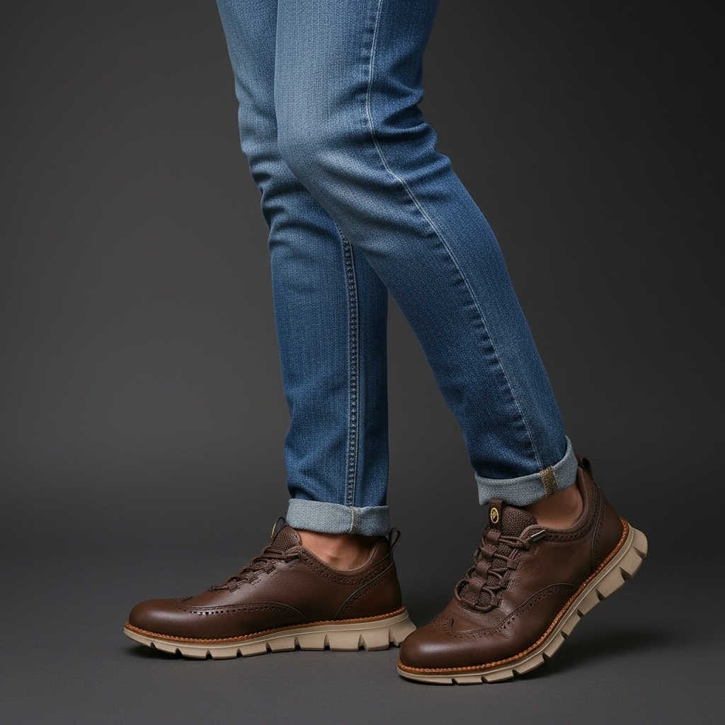Espresso Brown Ashby sneakers worn with blue jeans