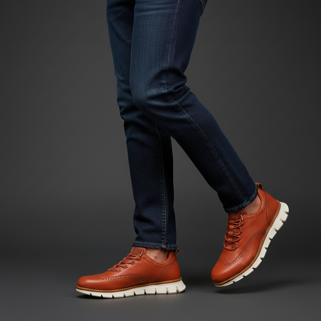 Crimson Ashby sneakers worn with dark jeans, side view