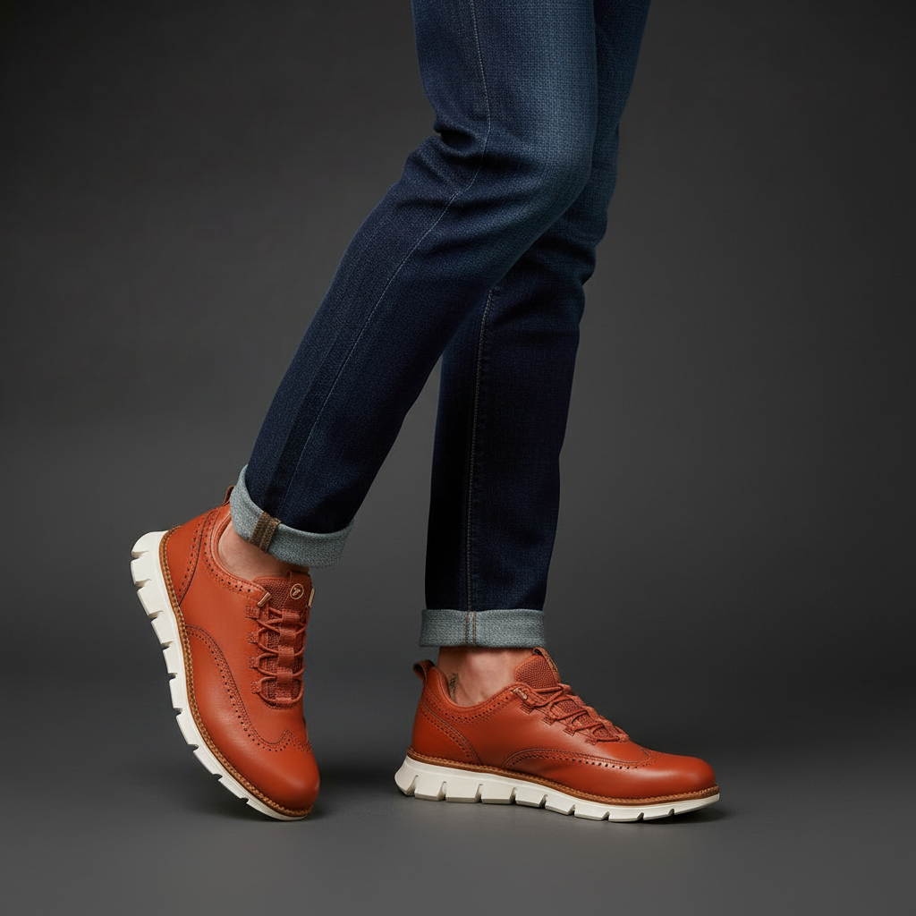 Crimson Ashby sneakers worn with dark jeans