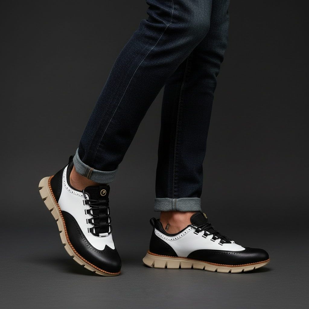 White & Black Ashby sneakers worn with dark jeans
